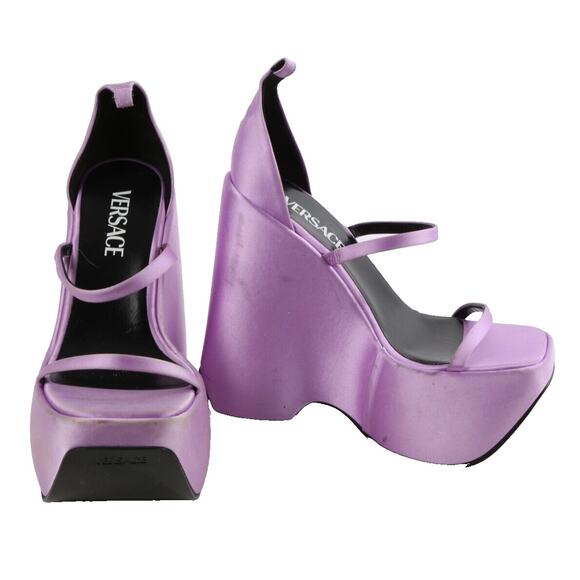 Versace | Safety Pin Satin Platform Wedge Sandals - Picture 1 of 11